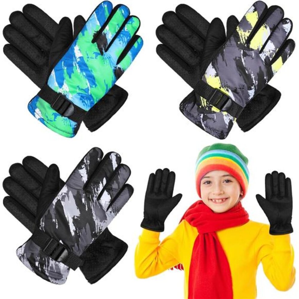 3 Pairs Kids Waterproof Winter Gloves Long Cuff Ski Snow Gloves